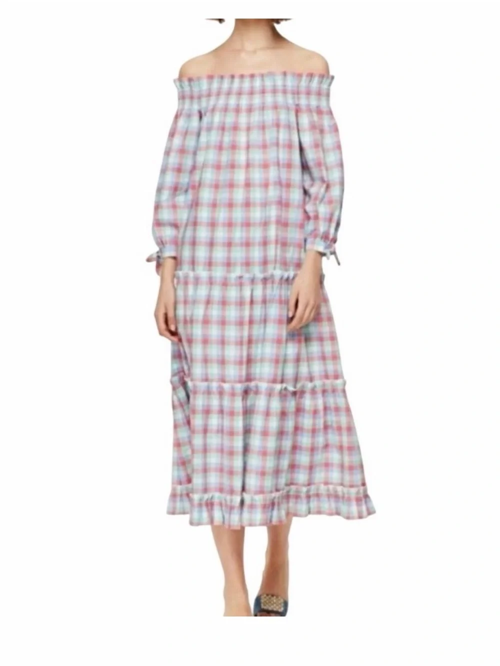 Kate Spade Pastel Plaid Off-Shoulder Dress in Pink, Blue & Mint